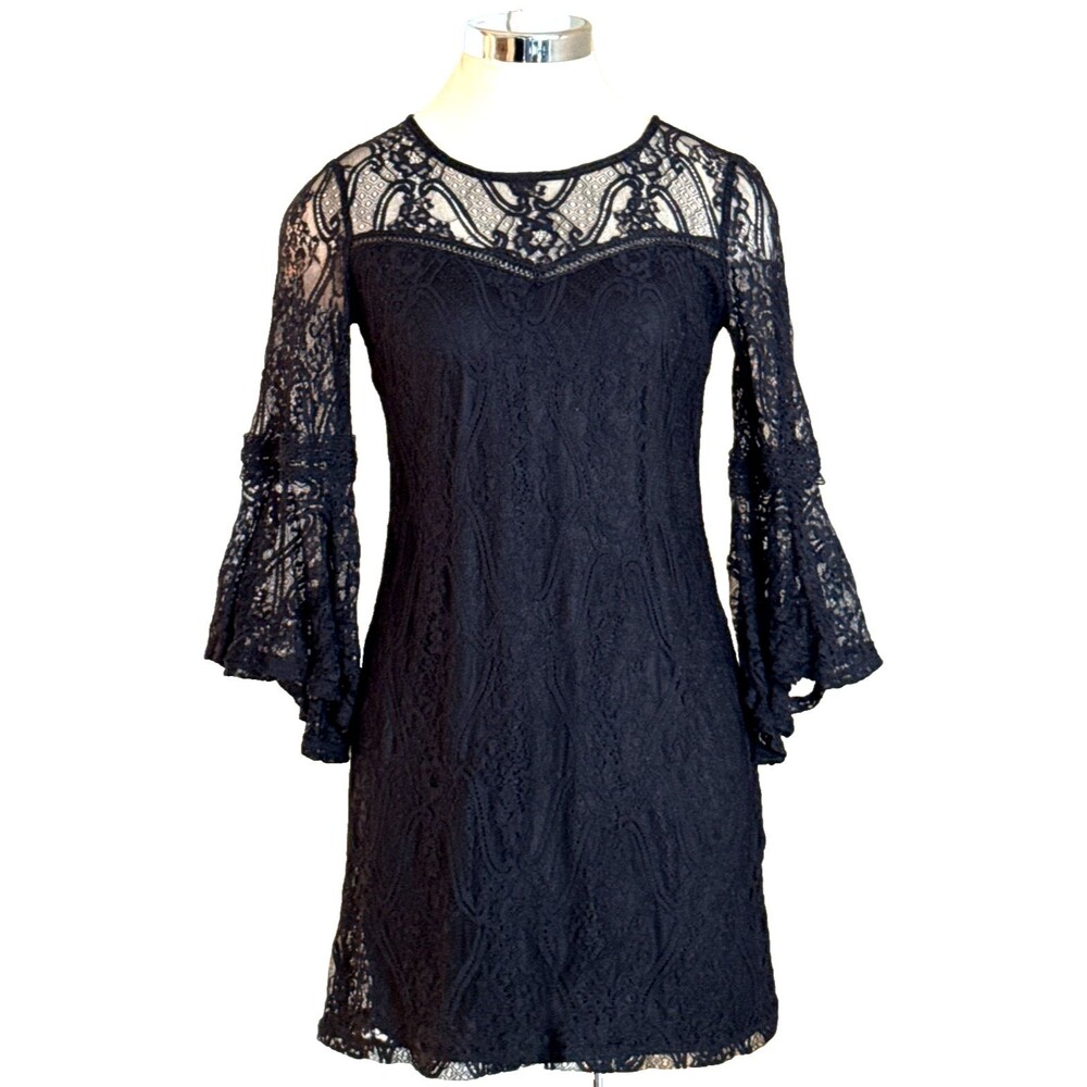 Vintage 90's M Black Bell Sleeve Lace Yoke Whimsigoth Dark Fairy Romantic dress